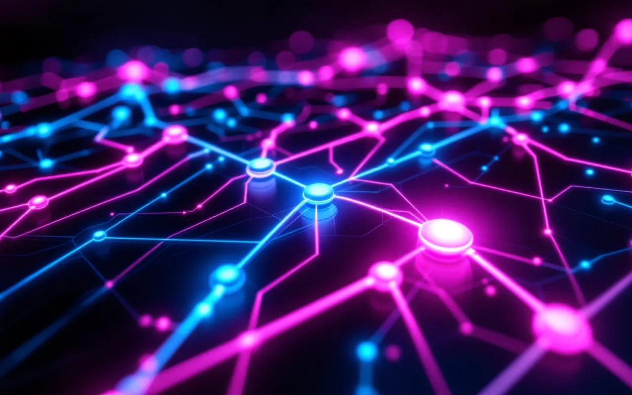 Abstract neon circuit diagram of signal modulation pathways