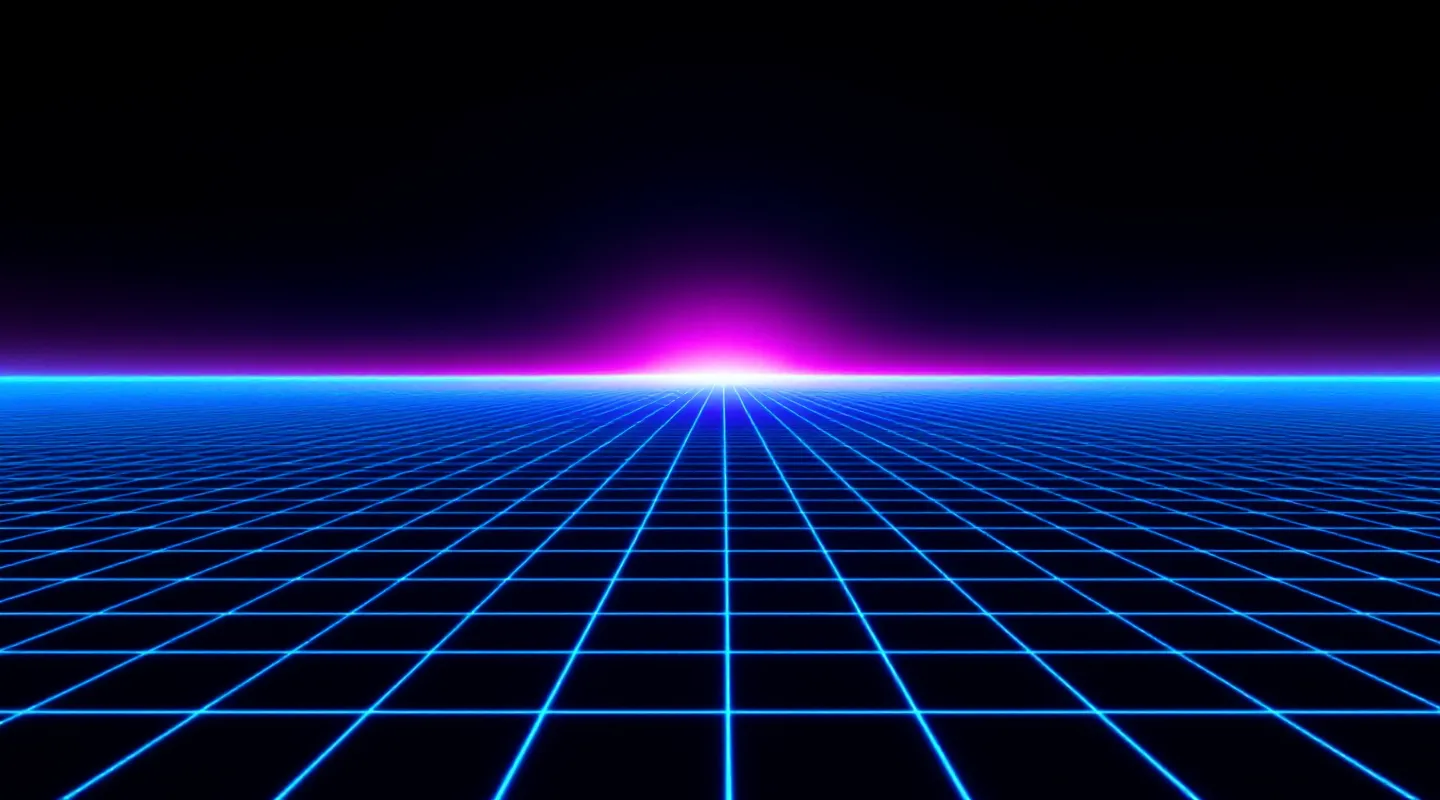Neon wireframe perspective grid receding to a glowing horizon