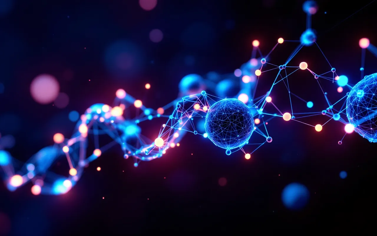 Glowing wireframe representation of a seven-node peptide chain